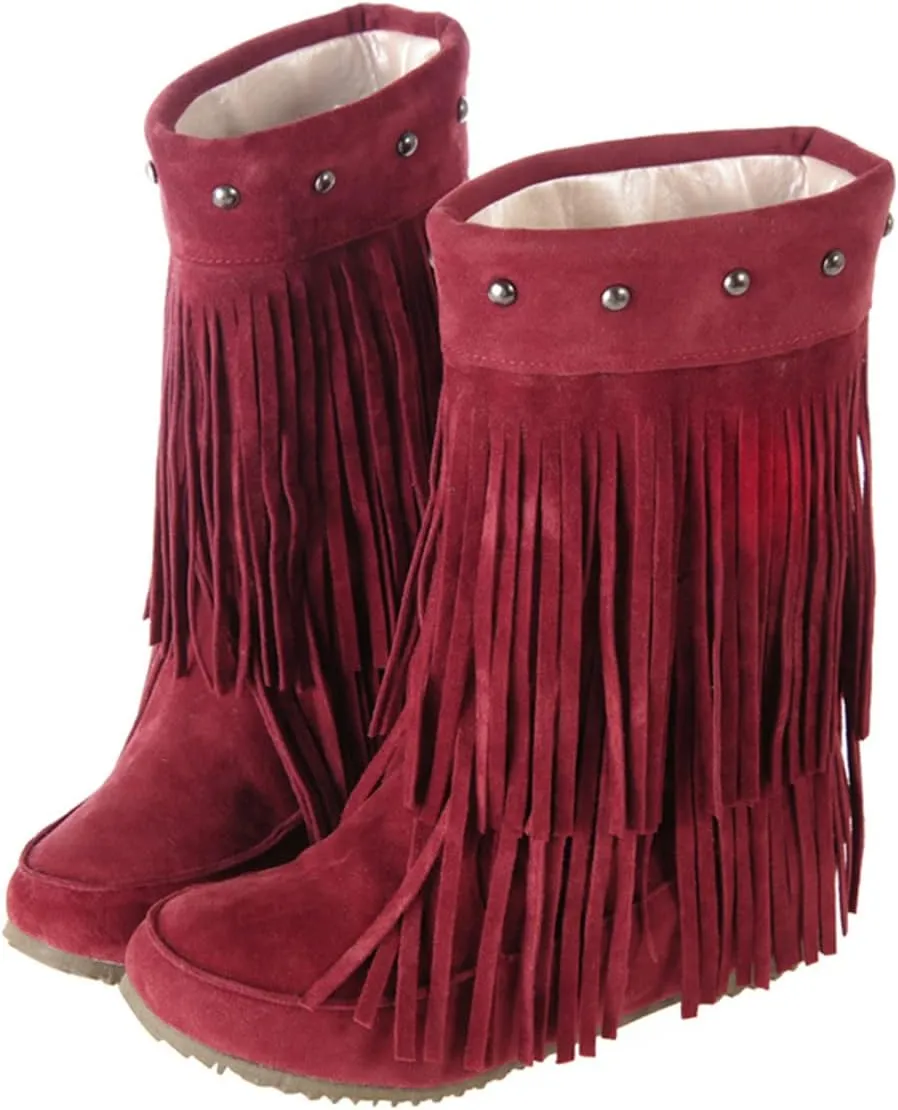 Ciuyurra Classic Double Fringe Moccasin Boots Mid Calf Women Flat