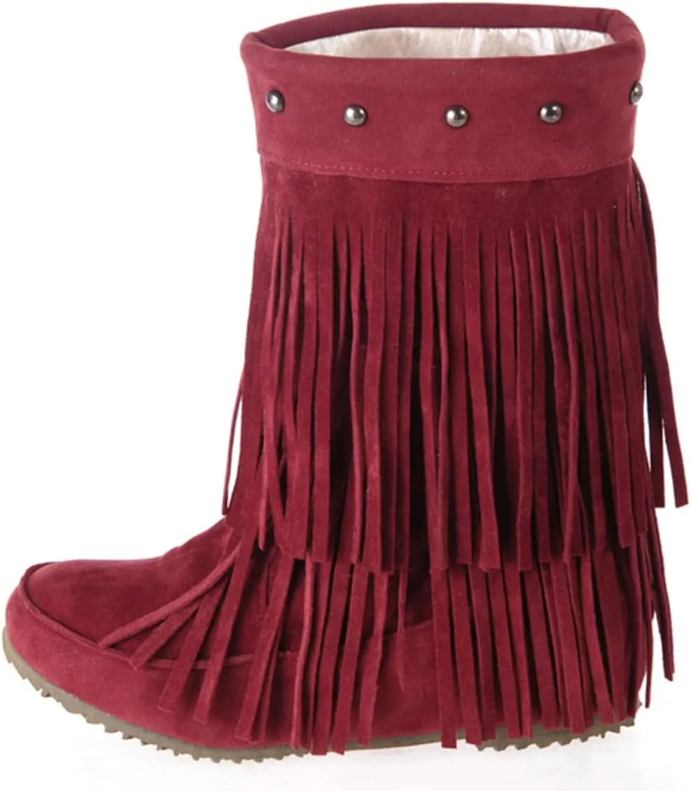 Ciuyurra Classic Double Fringe Moccasin Boots Mid Calf Women Flat