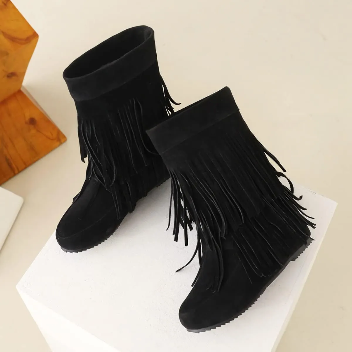 Ciuyurra Classic Double Fringe Moccasin Boots Mid Calf Women Flat