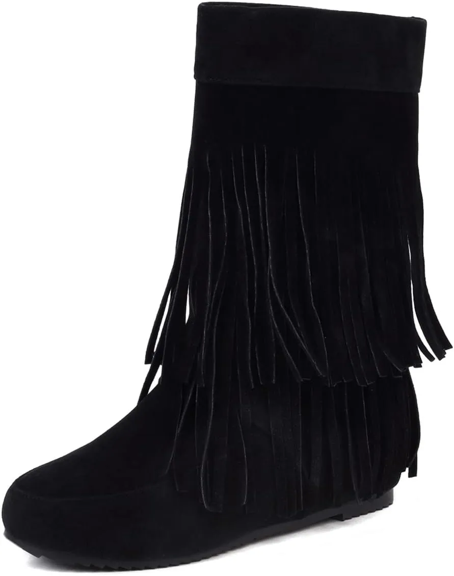 Ciuyurra Classic Double Fringe Moccasin Boots Mid Calf Women Flat