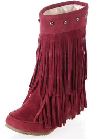 Ciuyurra Classic Double Fringe Moccasin Boots Mid Calf Women Flat