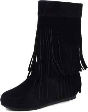 Ciuyurra Classic Double Fringe Moccasin Boots Mid Calf Women Flat