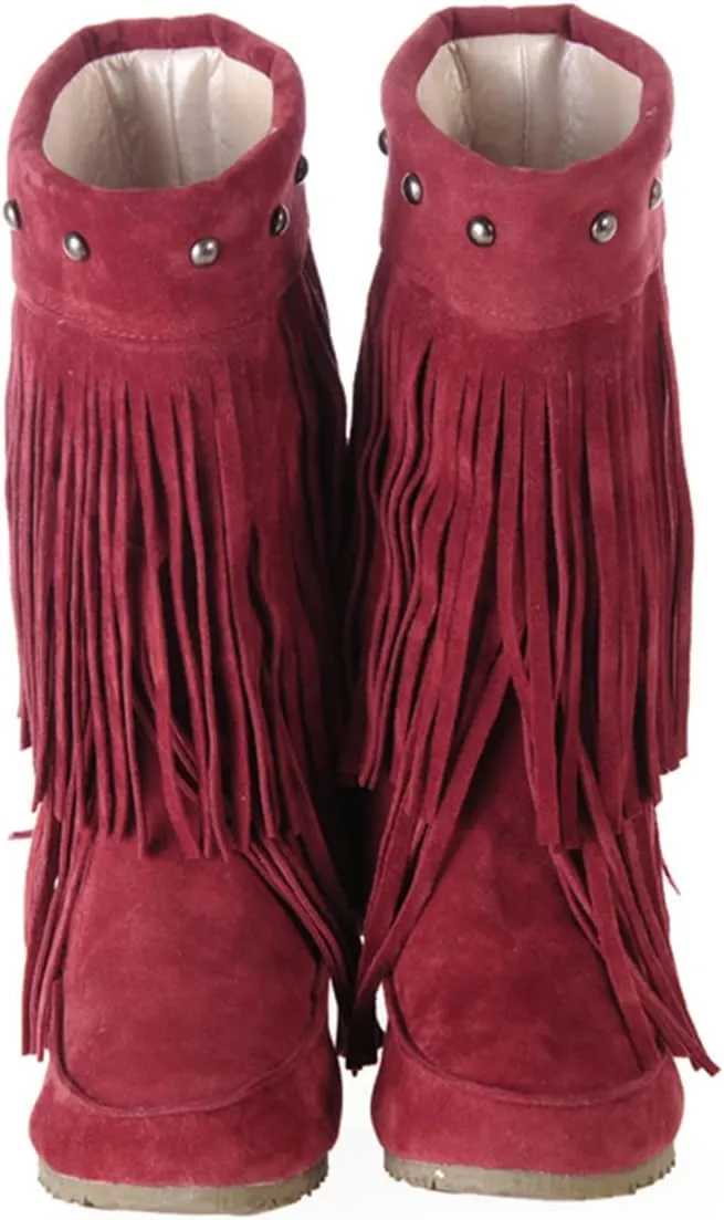 Ciuyurra Classic Double Fringe Moccasin Boots Mid Calf Women Flat