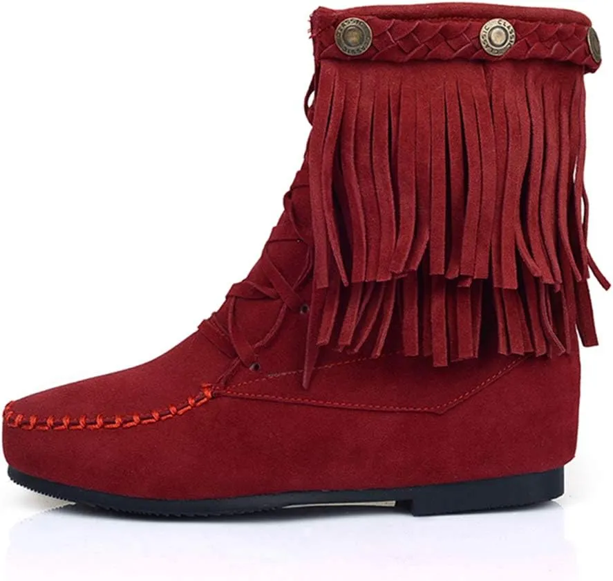 Ciuyurra Classic Fringe Moccasin Boots Ankle High Women Low Heel Booties