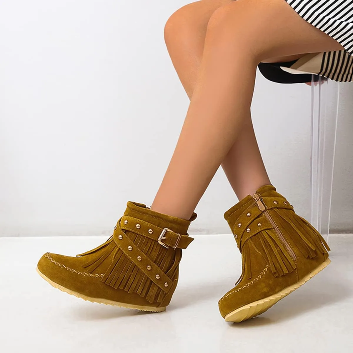Ciuyurra Classic Fringe Moccasin Boots Ankle High Women Low Heel Booties