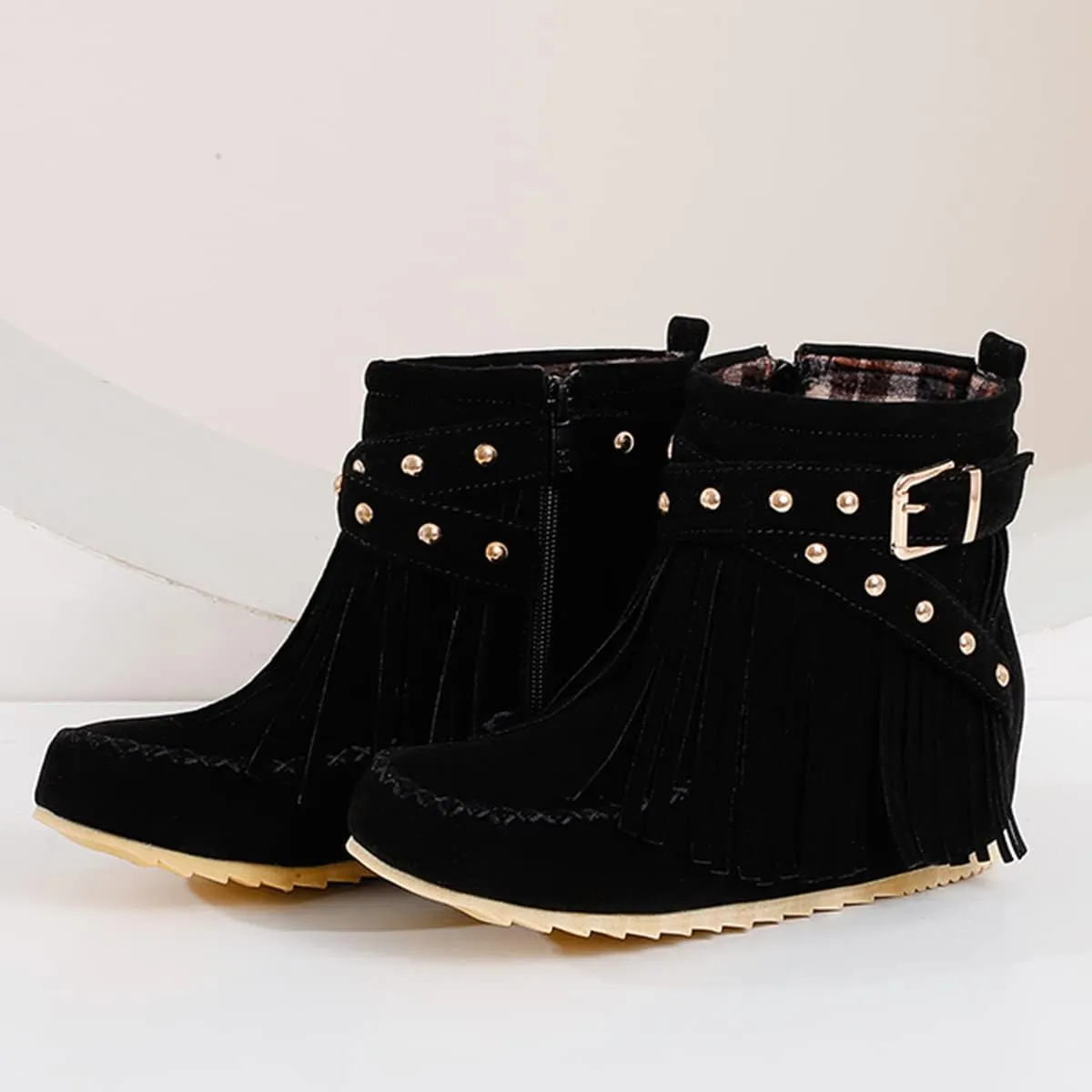 Ciuyurra Classic Fringe Moccasin Boots Ankle High Women Low Heel Booties