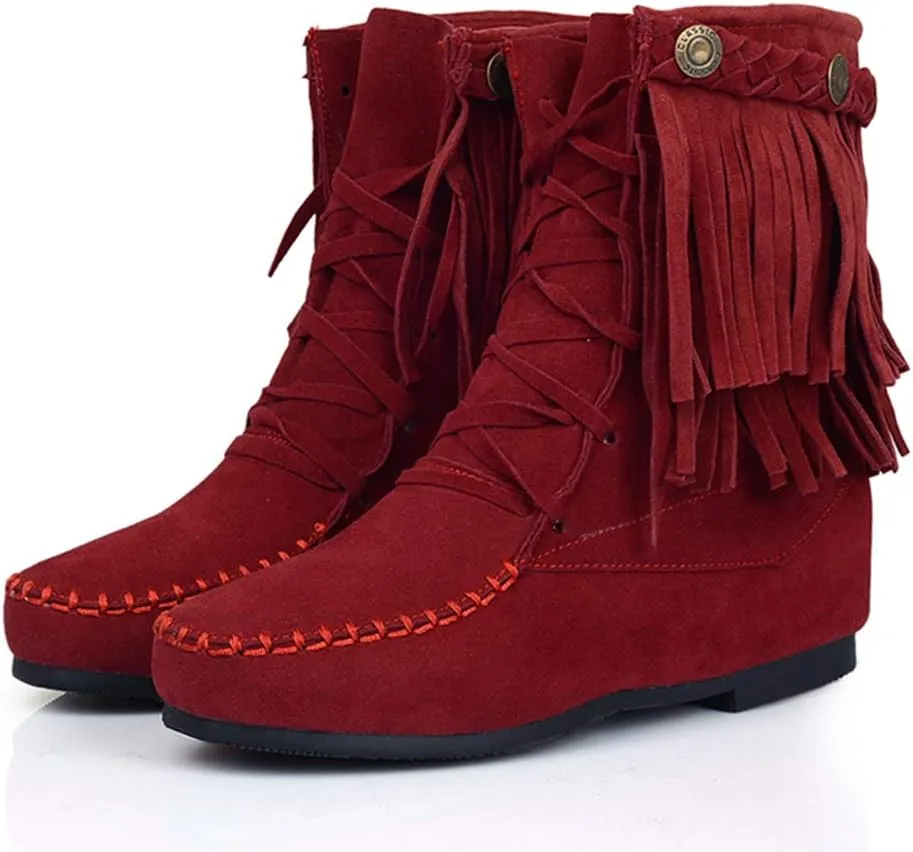 Ciuyurra Classic Fringe Moccasin Boots Ankle High Women Low Heel Booties