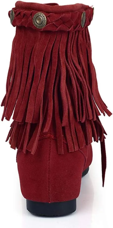 Ciuyurra Classic Fringe Moccasin Boots Ankle High Women Low Heel Booties