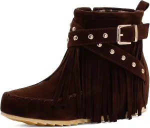 Ciuyurra Classic Fringe Moccasin Boots Ankle High Women Low Heel Booties