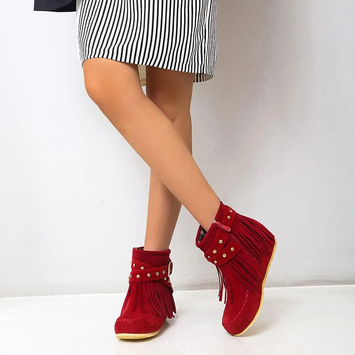 Ciuyurra Classic Fringe Moccasin Boots Ankle High Women Low Heel Booties