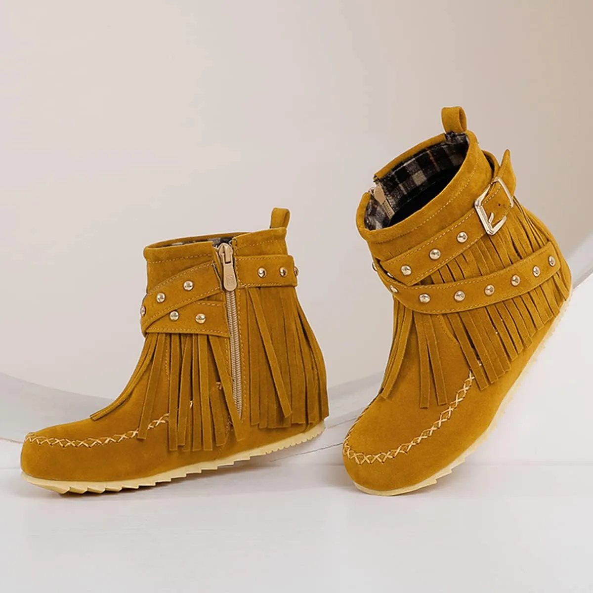 Ciuyurra Classic Fringe Moccasin Boots Ankle High Women Low Heel Booties