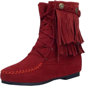 Ciuyurra Classic Fringe Moccasin Boots Ankle High Women Low Heel Booties