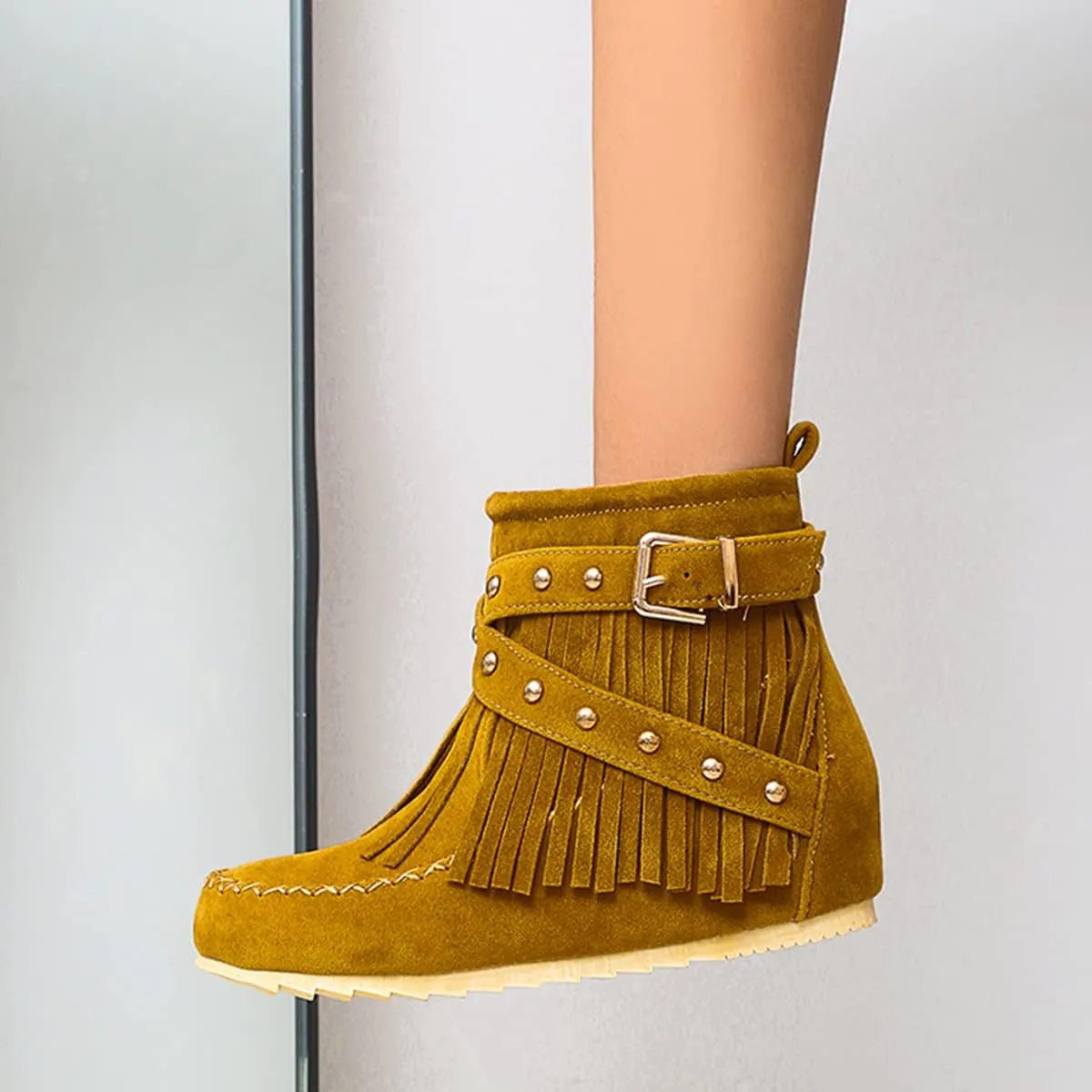 Ciuyurra Classic Fringe Moccasin Boots Ankle High Women Low Heel Booties