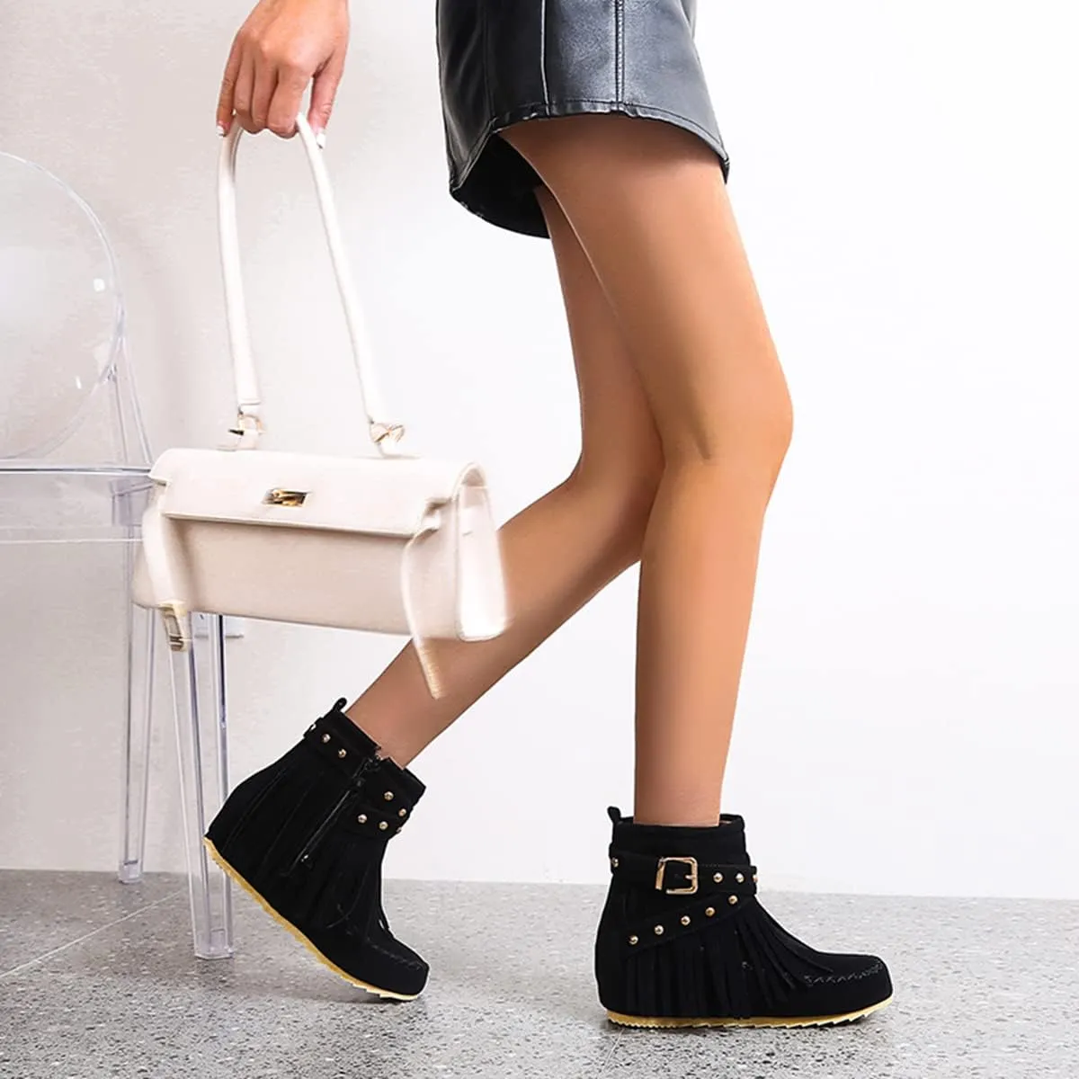 Ciuyurra Classic Fringe Moccasin Boots Ankle High Women Low Heel Booties