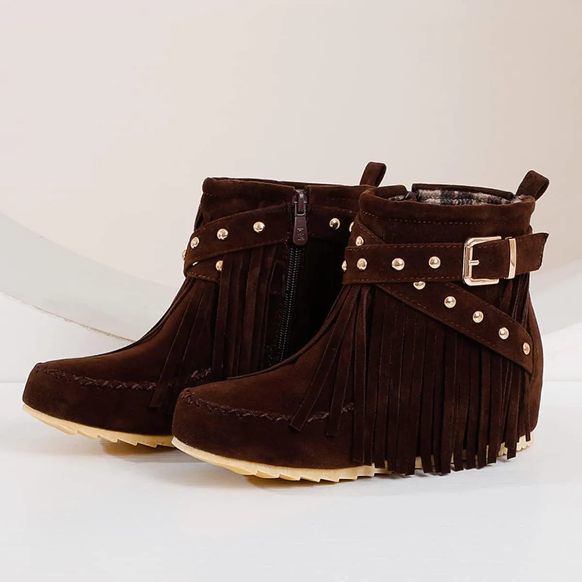 Ciuyurra Classic Fringe Moccasin Boots Ankle High Women Low Heel Booties
