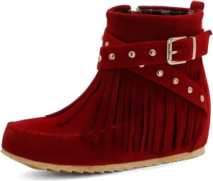 Ciuyurra Classic Fringe Moccasin Boots Ankle High Women Low Heel Booties