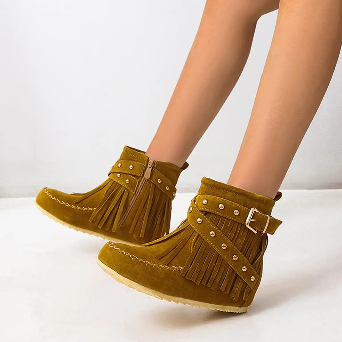 Ciuyurra Classic Fringe Moccasin Boots Ankle High Women Low Heel Booties