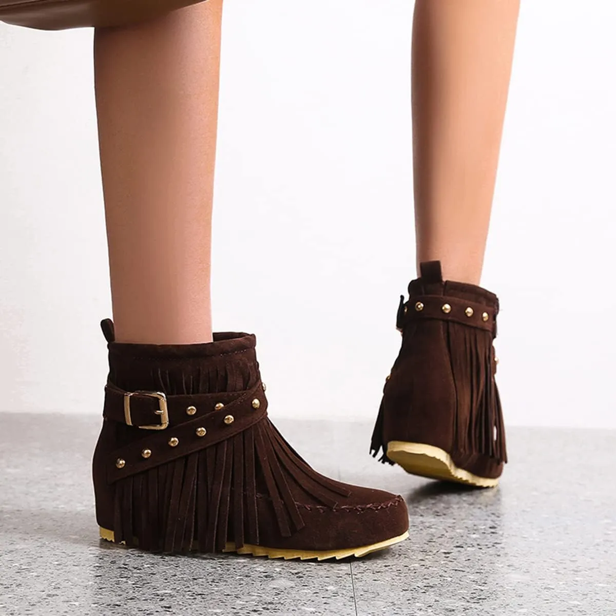 Ciuyurra Classic Fringe Moccasin Boots Ankle High Women Low Heel Booties