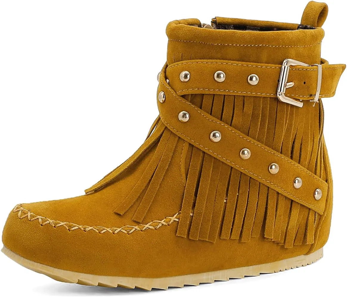 Ciuyurra Classic Fringe Moccasin Boots Ankle High Women Low Heel Booties