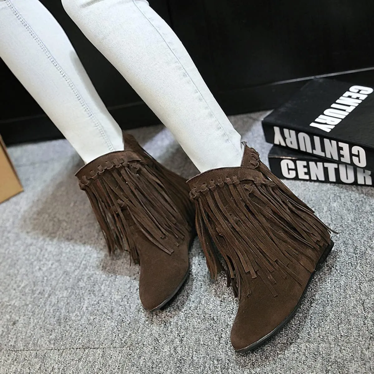 Ciuyurra Classic Fringe Moccasin Boots Ankle High Women Low Heel