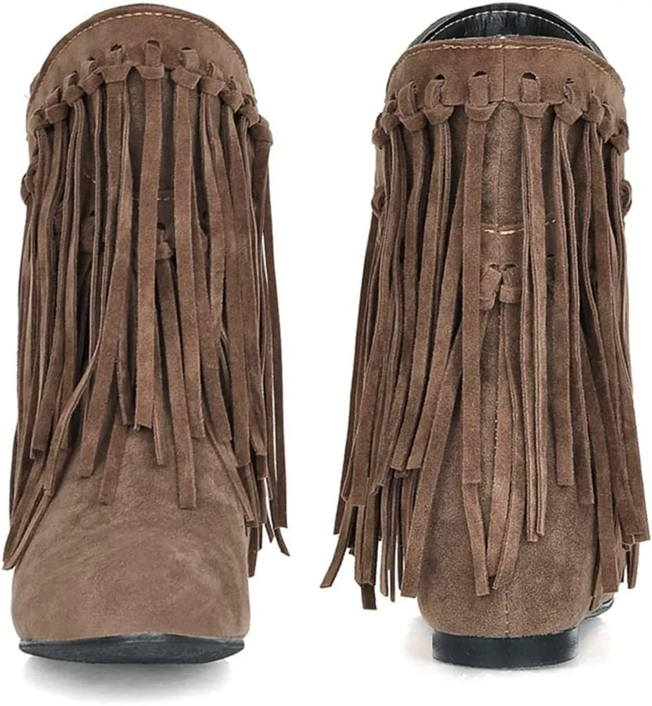 Ciuyurra Classic Fringe Moccasin Boots Ankle High Women Low Heel