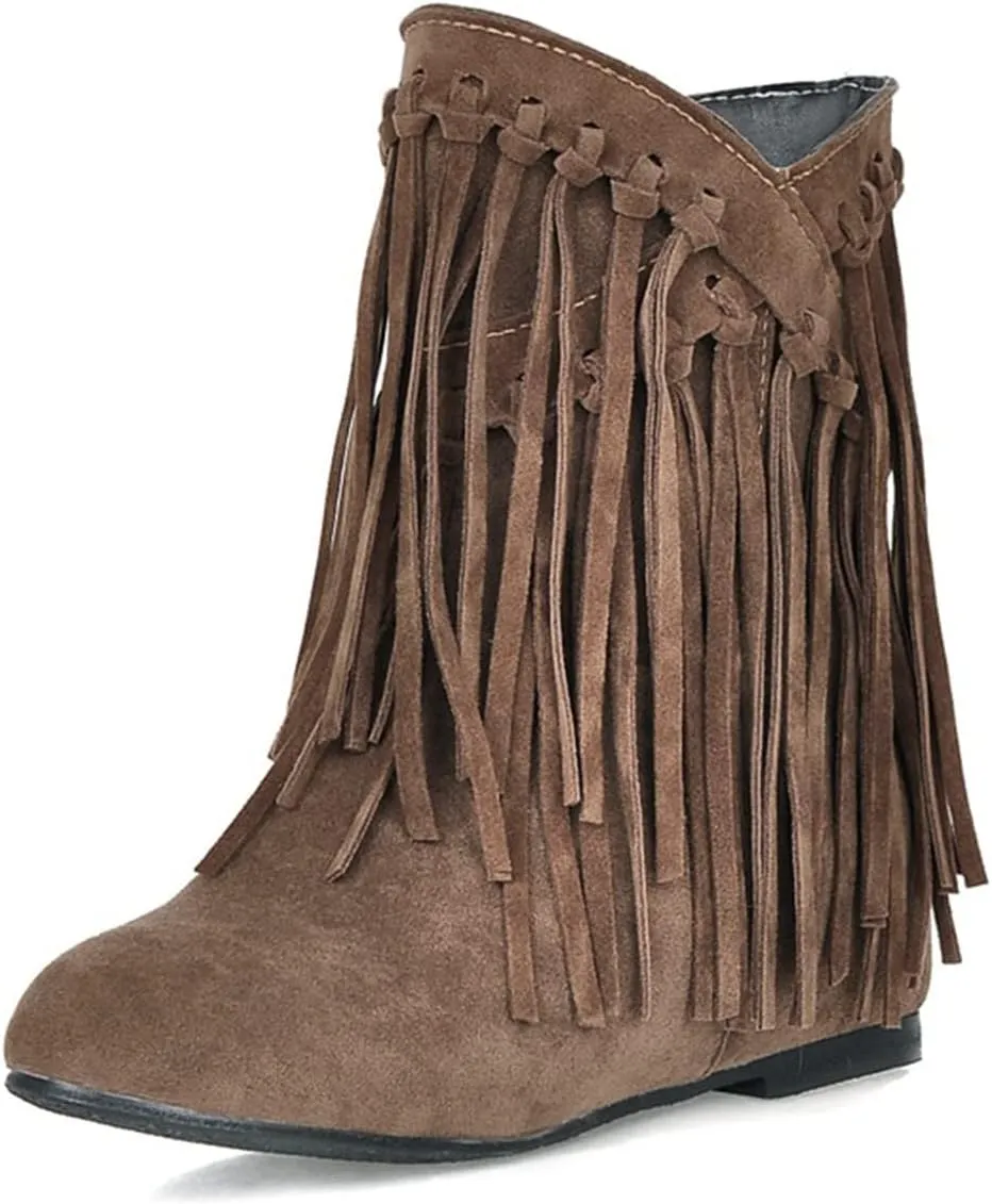 Ciuyurra Classic Fringe Moccasin Boots Ankle High Women Low Heel