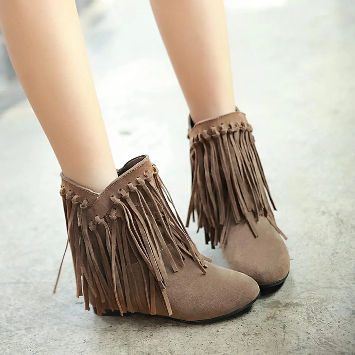 Ciuyurra Classic Fringe Moccasin Boots Ankle High Women Low Heel