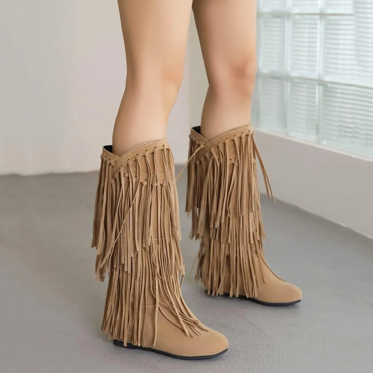 Ciuyurra Classic Fringe Moccasin Boots Ankle High Women Low Heel