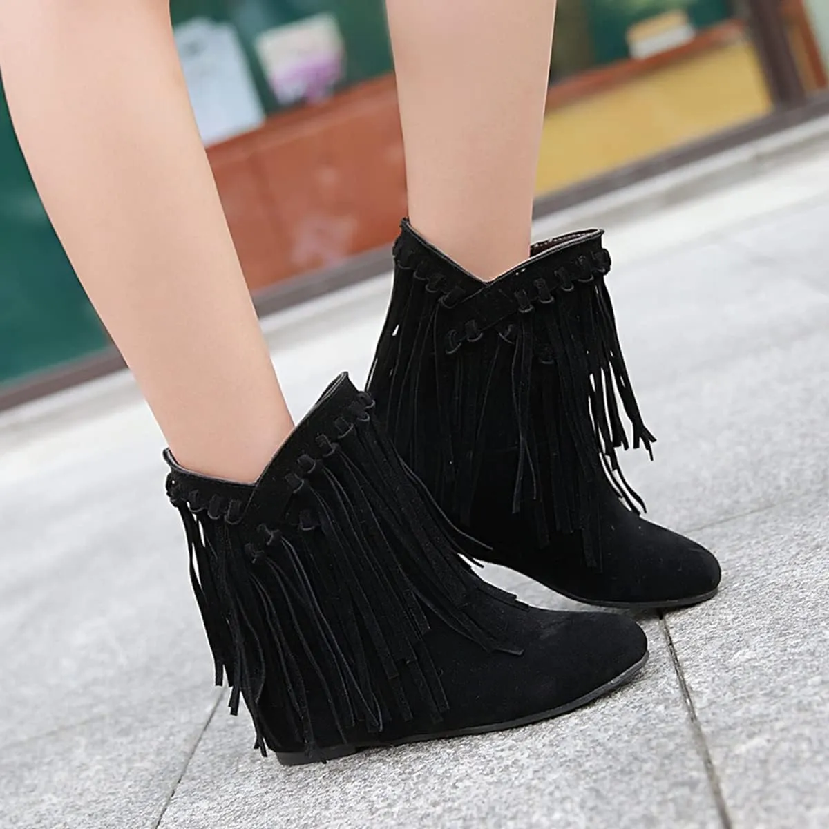 Ciuyurra Classic Fringe Moccasin Boots Ankle High Women Low Heel