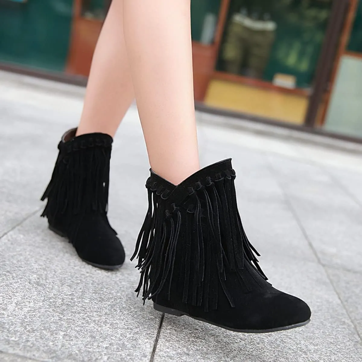 Ciuyurra Classic Fringe Moccasin Boots Ankle High Women Low Heel