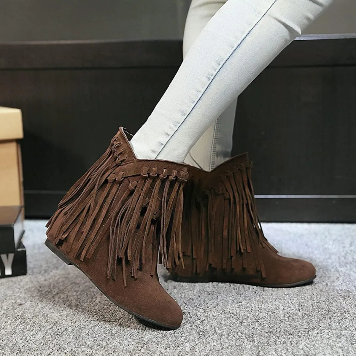 Ciuyurra Classic Fringe Moccasin Boots Ankle High Women Low Heel