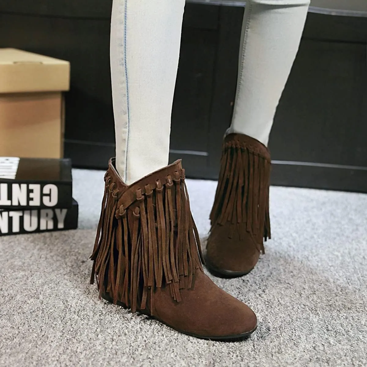 Ciuyurra Classic Fringe Moccasin Boots Ankle High Women Low Heel