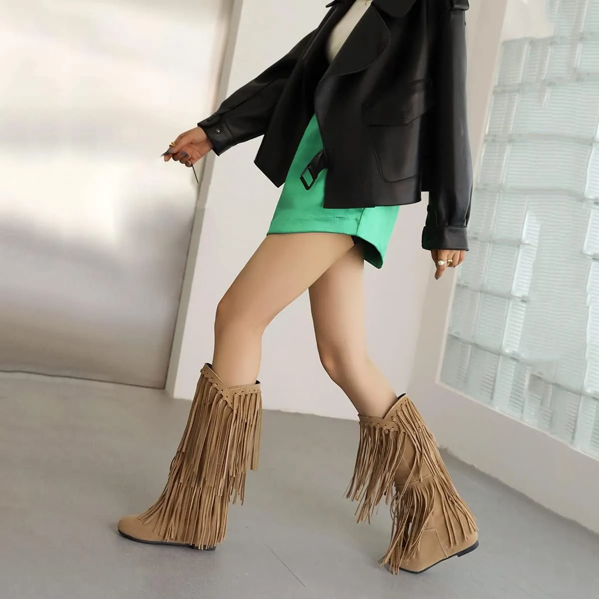 Ciuyurra Classic Fringe Moccasin Boots Ankle High Women Low Heel