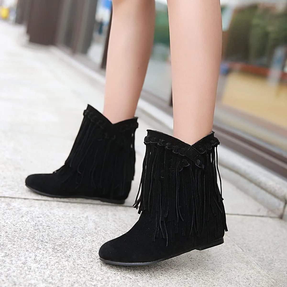 Ciuyurra Classic Fringe Moccasin Boots Ankle High Women Low Heel