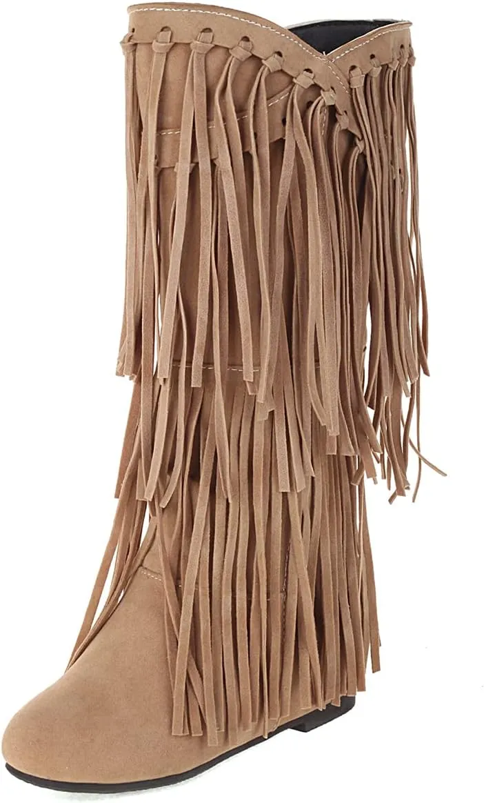 Ciuyurra Classic Fringe Moccasin Boots Ankle High Women Low Heel