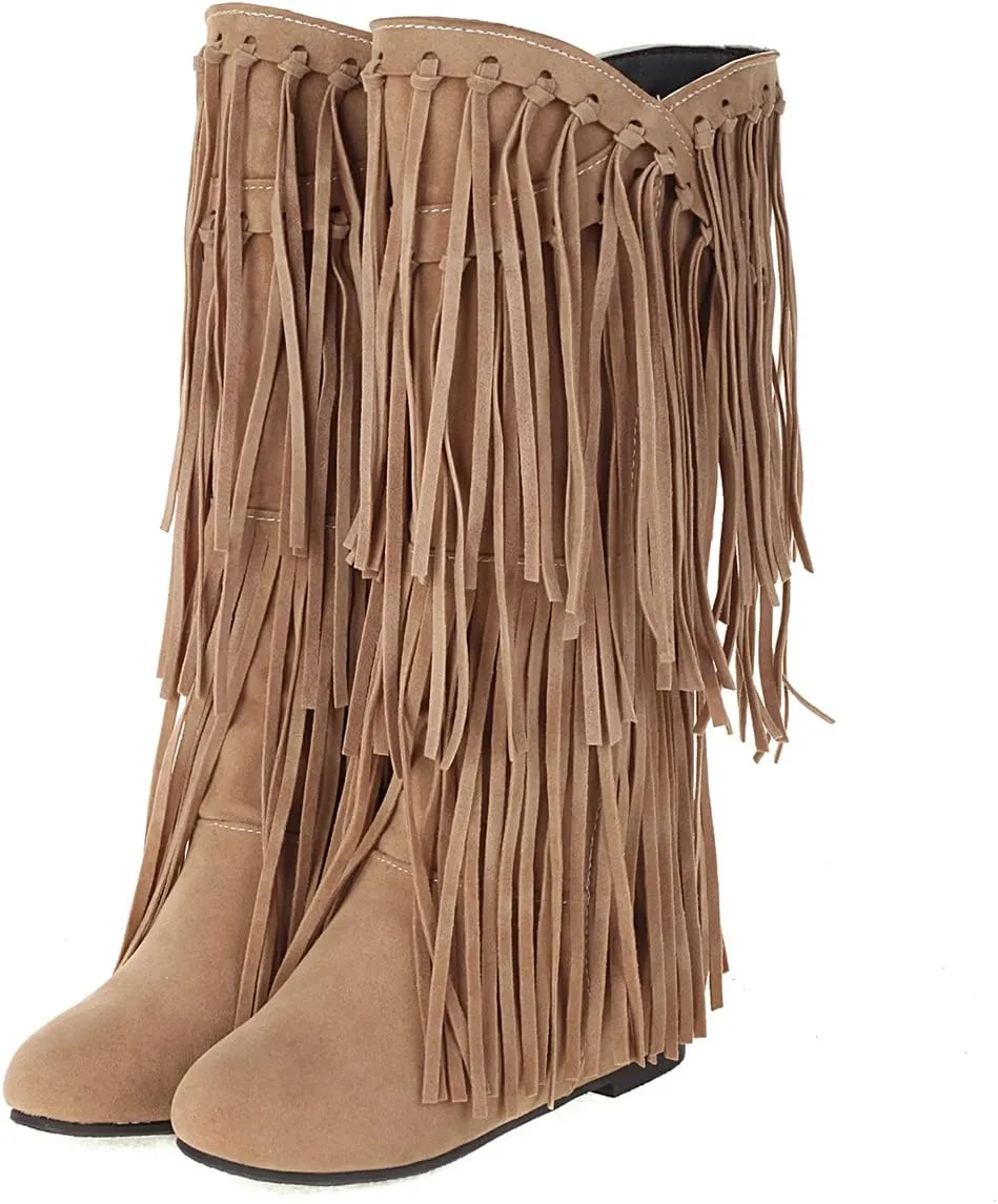 Ciuyurra Classic Fringe Moccasin Boots Ankle High Women Low Heel