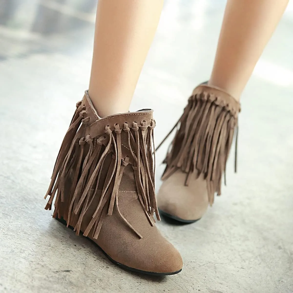 Ciuyurra Classic Fringe Moccasin Boots Ankle High Women Low Heel