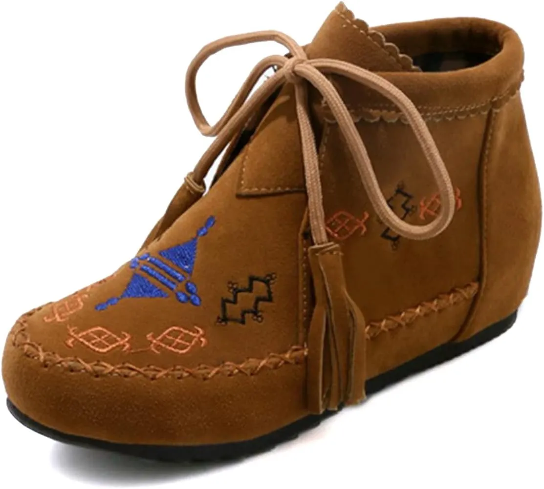 Ciuyurra Classic Moccasin Slipper Bootie Flats Embroidery Fringe Boots