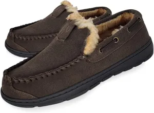 Clarks Mens Suede Venetian Moccasin Slipper LB0534 - Warm Plush Faux Fur Lining - Indoor Outdoor House Slippers For Men