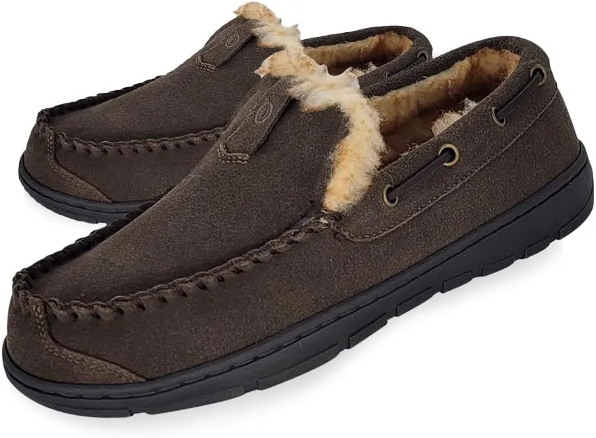 Clarks Mens Suede Venetian Moccasin Slipper LB0534 - Warm Plush Faux Fur Lining - Indoor Outdoor House Slippers For Men
