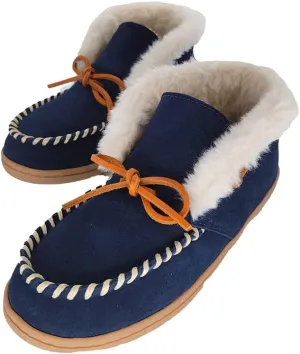 Clarks Women's Moccasin Bootie Slippers, JMH1814B - Suede Indoor/Outdoor Slip-Ons with Faux Fur Lining & Non-Slip Gripped Rubber Outsole - Ladies Comfy & Fluffy Ankle Boots for Winter Use, Navy, 9