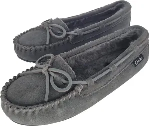Clarks Women's Suede Bowknot Moccasin Slippers, LB0340 - Fuzzy Indoor/Outdoor Close Back Slip-Ons with Faux Fur Lining & Non-Slip Outsole - Women's Comfy Loafers for Driving Lounging & More, Grey, 8