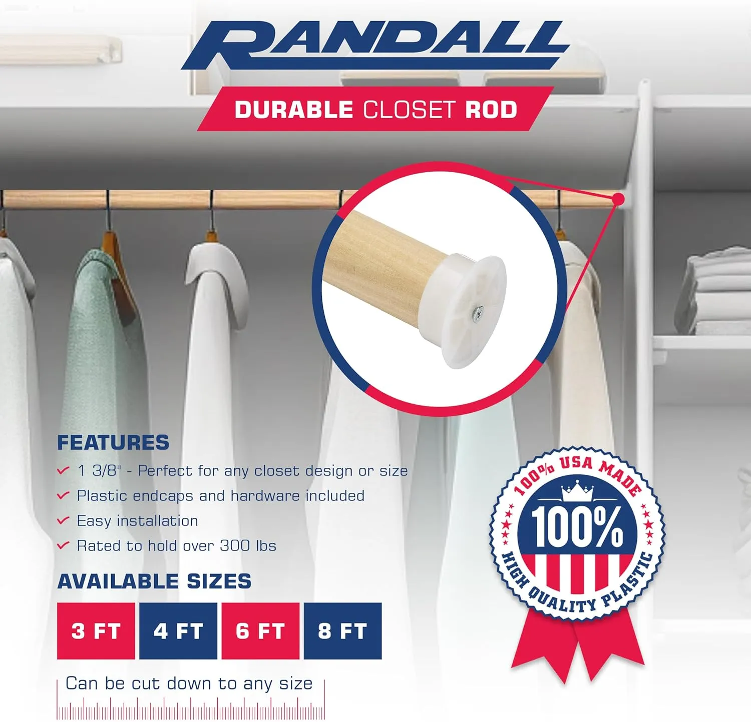 Closet Pole with Wood Construction and Plastic Brackets, 1 3/8" Thick, Natural Finish (4 FT LONG)