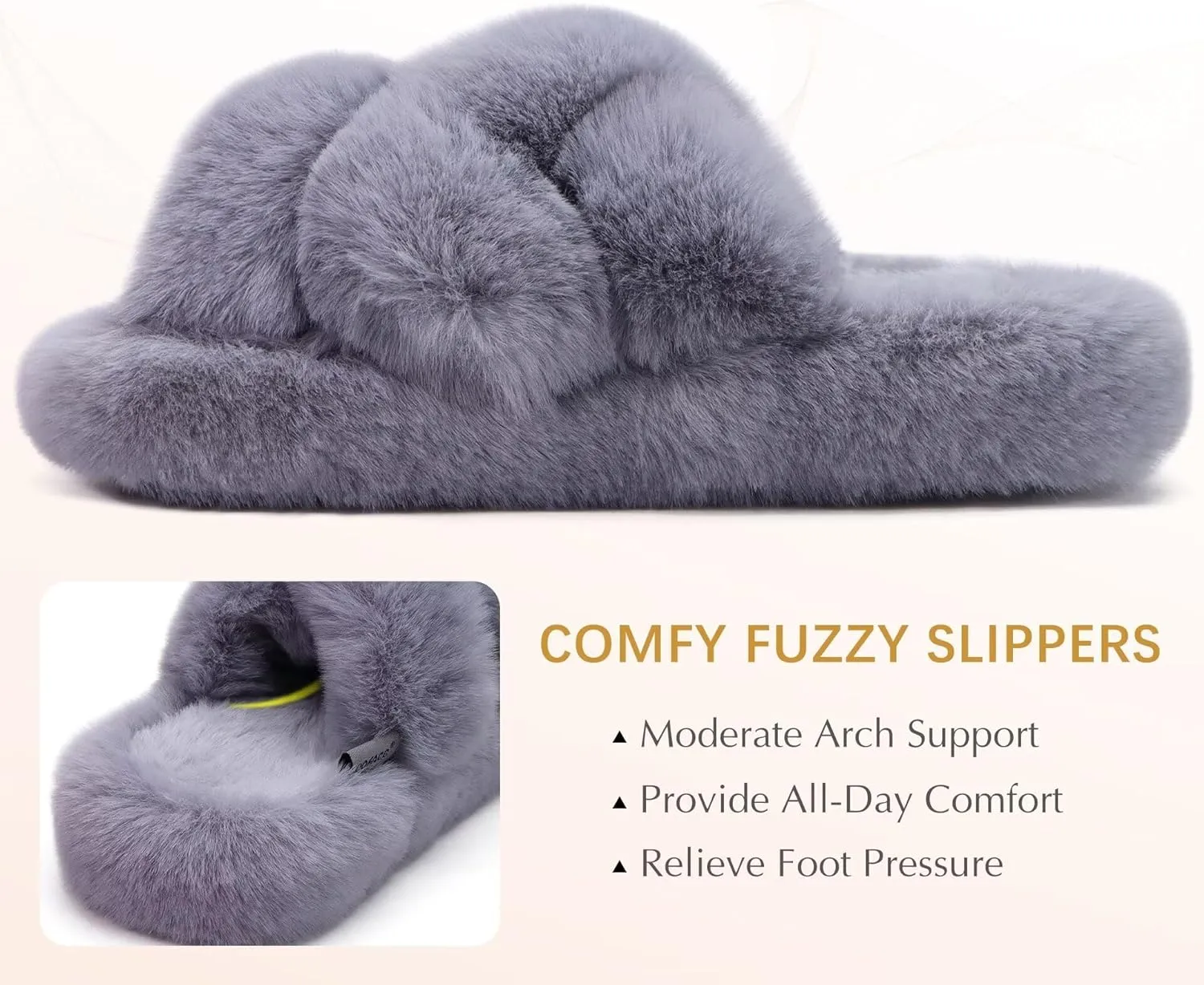 COFACE Women's Fluff Slippers Open Toe Fuzzy Faux Fur Ladies House Fashion Platform Slide Shoes with Comfort Arch Support, Indoor Outdoor Sole