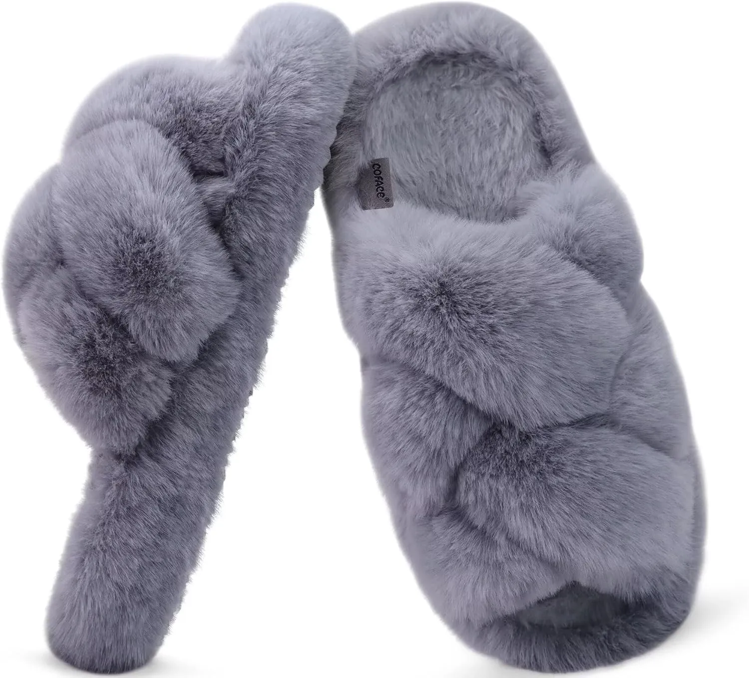 COFACE Women's Fluff Slippers Open Toe Fuzzy Faux Fur Ladies House Fashion Platform Slide Shoes with Comfort Arch Support, Indoor Outdoor Sole