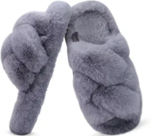 COFACE Women's Fluff Slippers Open Toe Fuzzy Faux Fur Ladies House Fashion Platform Slide Shoes with Comfort Arch Support, Indoor Outdoor Sole