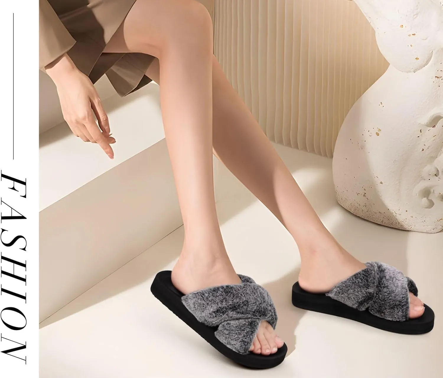 COFACE Womens Fuzzy Slides Fluff Faux Fur Cross Slippers Open Toe Yoga Mat House Slippers Sandals With Arch Support For Indoor/Outdoor