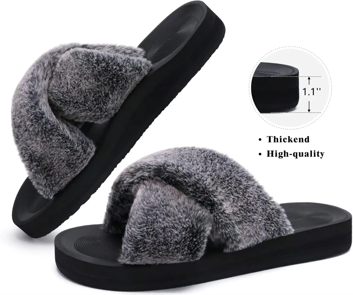 COFACE Womens Fuzzy Slides Fluff Faux Fur Cross Slippers Open Toe Yoga Mat House Slippers Sandals With Arch Support For Indoor/Outdoor
