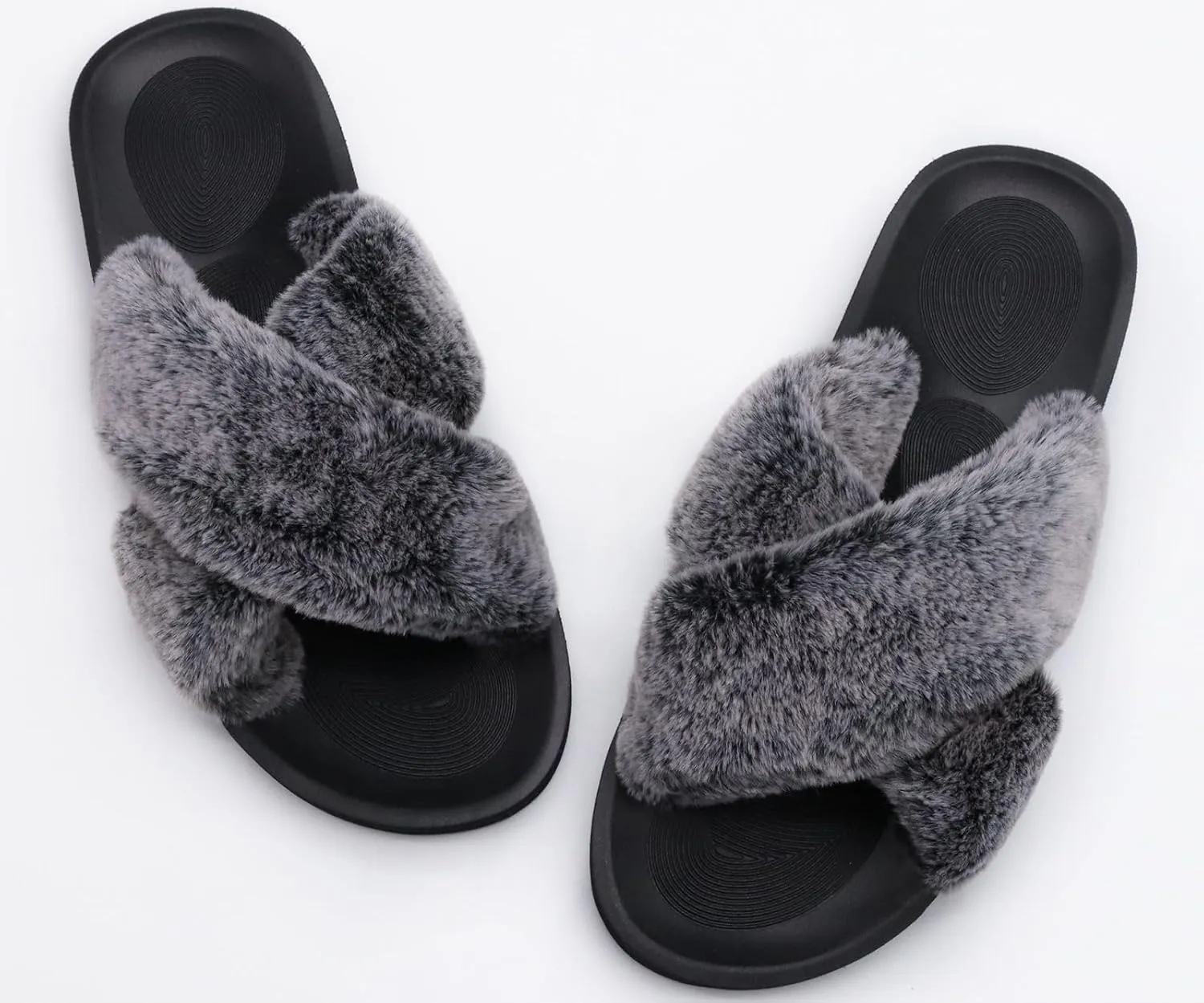 COFACE Womens Fuzzy Slides Fluff Faux Fur Cross Slippers Open Toe Yoga Mat House Slippers Sandals With Arch Support For Indoor/Outdoor