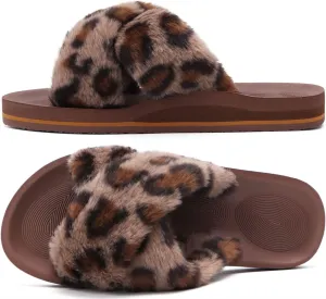 COFACE Womens Fuzzy Slides Fluff Faux Fur Cross Slippers Open Toe Yoga Mat House Slippers Sandals With Arch Support For Indoor/Outdoor